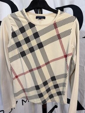 Burberry London Women's Long Sleeve T-Shirt Beige Nova Check Size S Cotton Top
